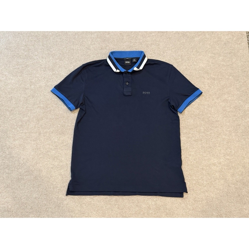 Hugo Boss Mens Slim Fit Polo Shirt Size M Navy & Blue Accents Collar